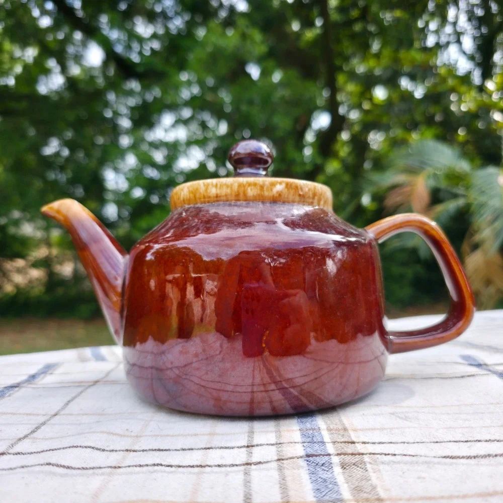 McCoy Pottery Tea Pot w/ Lid Brown Drip Line 1970s‎ MCM USA Vintage Cabincore